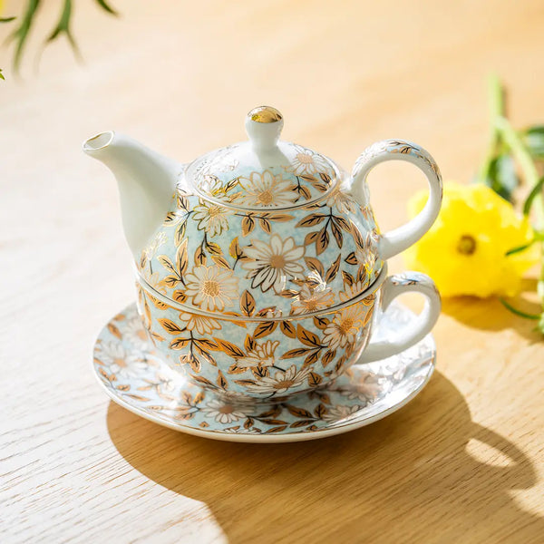 Blue & Gold Daisy Fine Porcelain Tea For One Set w/ Gift Box