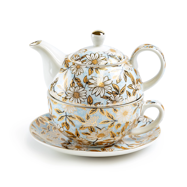 Blue & Gold Daisy Fine Porcelain Tea For One Set w/ Gift Box