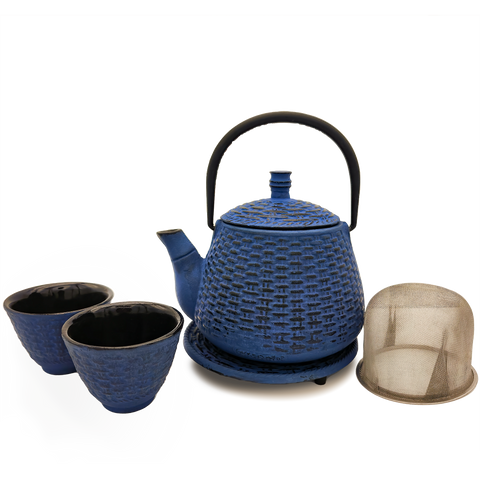 Blue Basket Cast Iron Teapot Set
