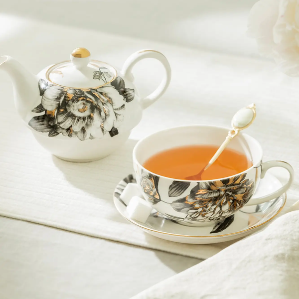 Black & Gold Peony Tea for One Set