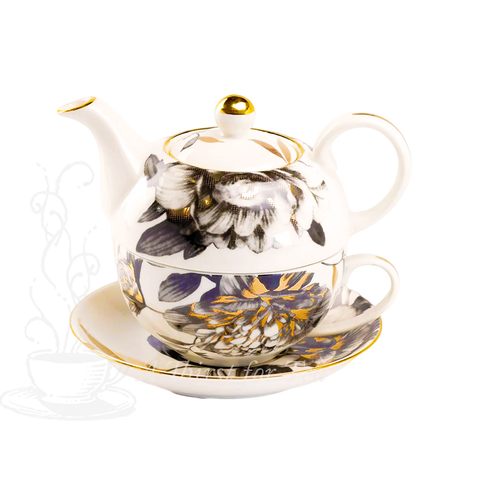 Black & Gold Peony Tea for One Set