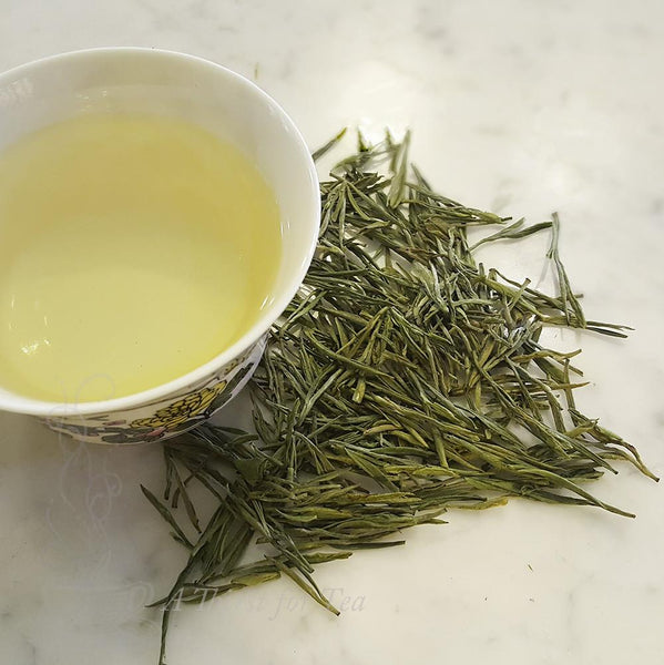 Anji Bai Cha 2017 1st Flush Whole Leaf Chinese Green Tea brewed cup & dry leaf