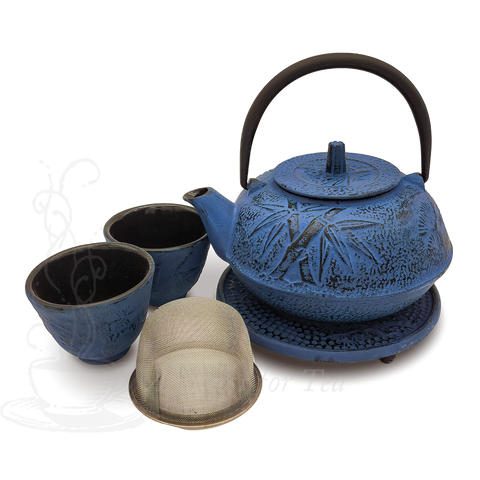 Blue Bamboo Cast Iron Teapot Set